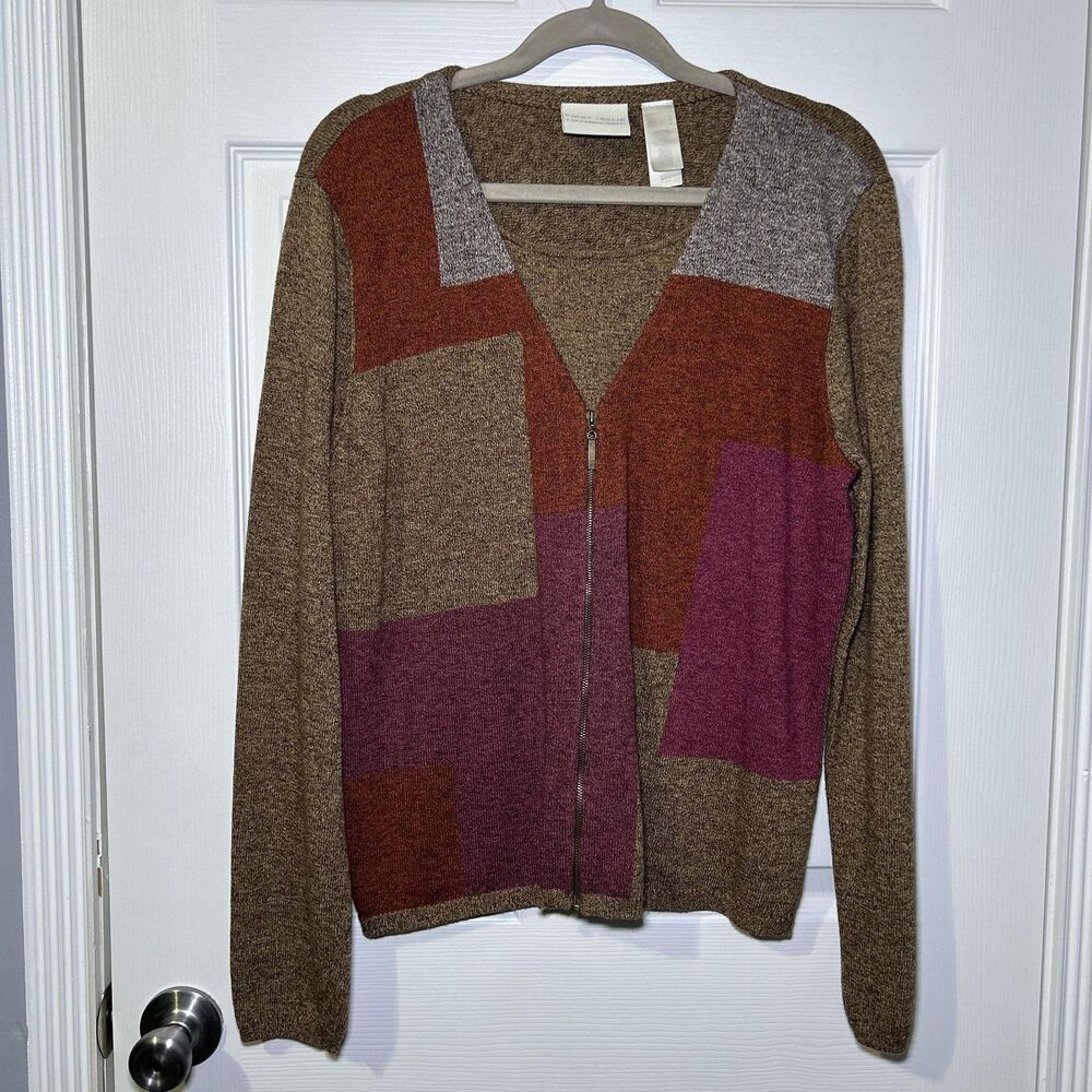 First Issue Cardigan Sweater Women's Large Multicolor Geometric Zip Front Knit